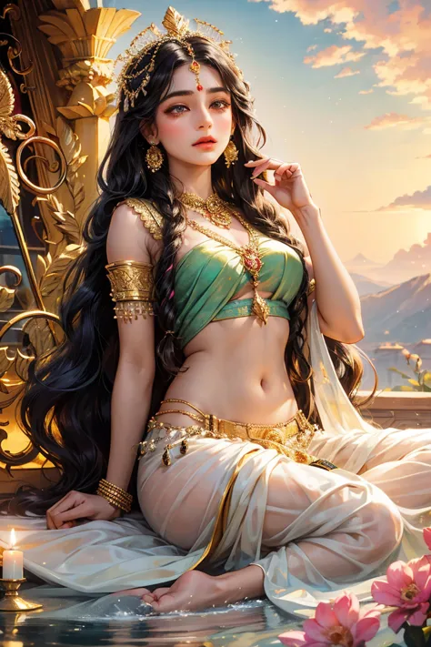 Extreme beautiful Indian Goddess parvati, animated style, closeup shot, anime in a white and golden combination heavily embroidered saree or lahaenga choli, long black hair wavy hair untied with hair ornaments, innocent expression, bright big hazel eyes, h...