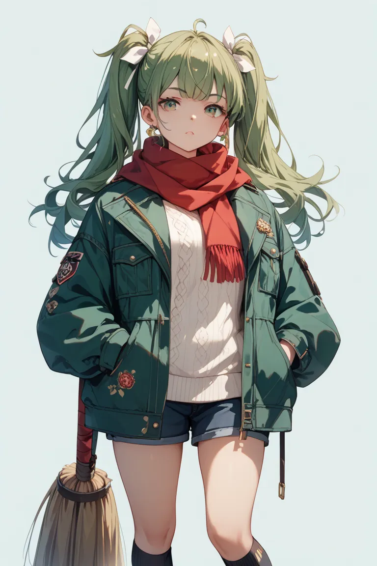  Anime style young woman、long grayish green brown twin tails with white ribbon、 green fur coat 、red scarf、 white sweater、miniskirt、black knee socks、 Broom、standing figure with both hands in pockets、Confident Expression、Shadows are reflected on a simple bac...