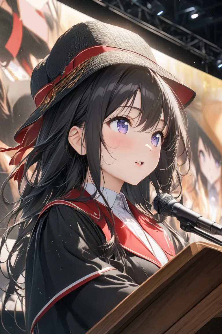 Anime-style illustration background: A high school girl waiting Anime style, graduate, representative, beautiful girl giving a speech in front of the podium,High Resolution, accurate, many awards, high image quality model, 高quality, masterpiece, anatomical...