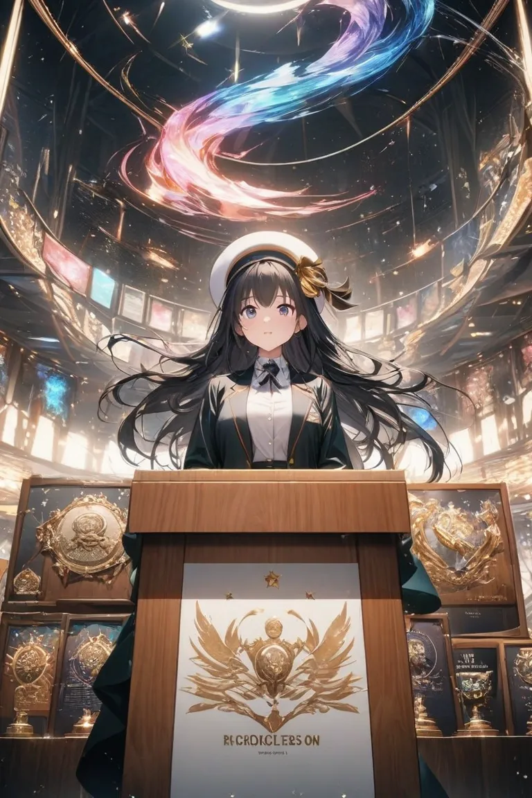 Anime-style illustration background: A high school girl waiting Anime style, graduate, representative, beautiful girl giving a speech in front of the podium,High Resolution, accurate, many awards, high image quality model, 高quality, masterpiece, anatomical...