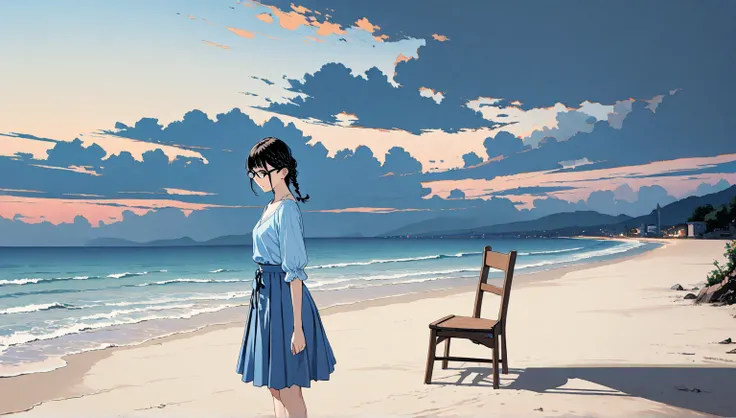 ((cloud))、((alone)),((Seaside in the evening)),wind、((Front View)),((Standing on a chair placed on a sandy beach)),expressionless,((black hair braid long hairstyle)),(((black rimmed glasses))),masterpiece, Highest quality, Beautiful attention to detail, Ve...