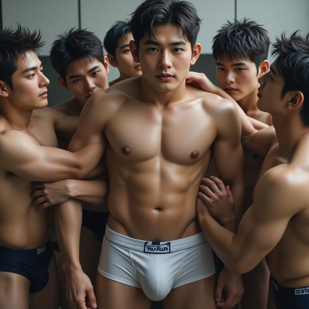  surreal, photos,super high quality,A handsome Japanese man in his 20s who was forcibly stripped of his business suit and dressed as if his white boxer shorts were visible was surrounded by gay men and forcibly touched and kissed, full body,erect penis,