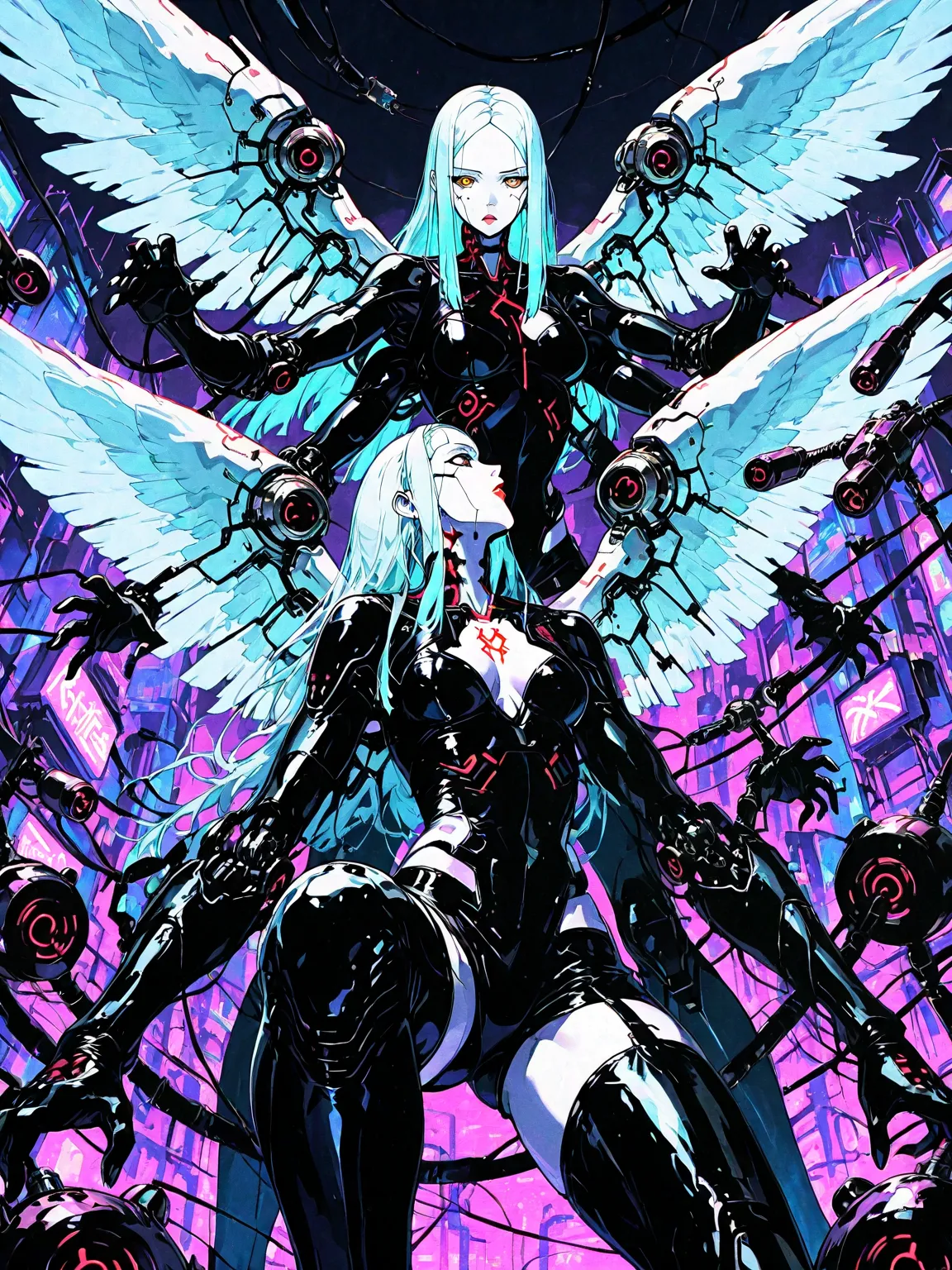 ((foreground))((Flat closed to the face))((profile view)): Angel girl, white skin, white wings ,  four arms ,  latex costume,  robotic circuits , breasts, devices futuristic, ((fighting pose))   circuits, . Background: cyberpunk city. Dark atmosphere.