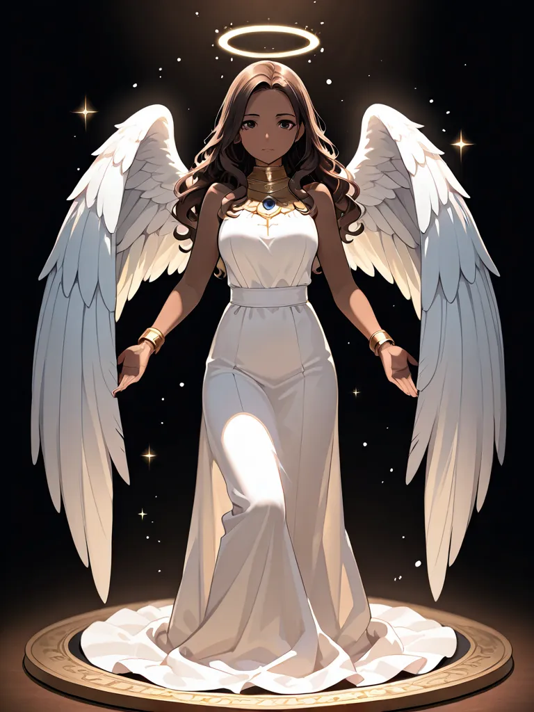 Woman, dark skin, curly brown hair, dark eyes, angel, angel wings, angelic aura, model pose, dark lighting, cinematic lighting.