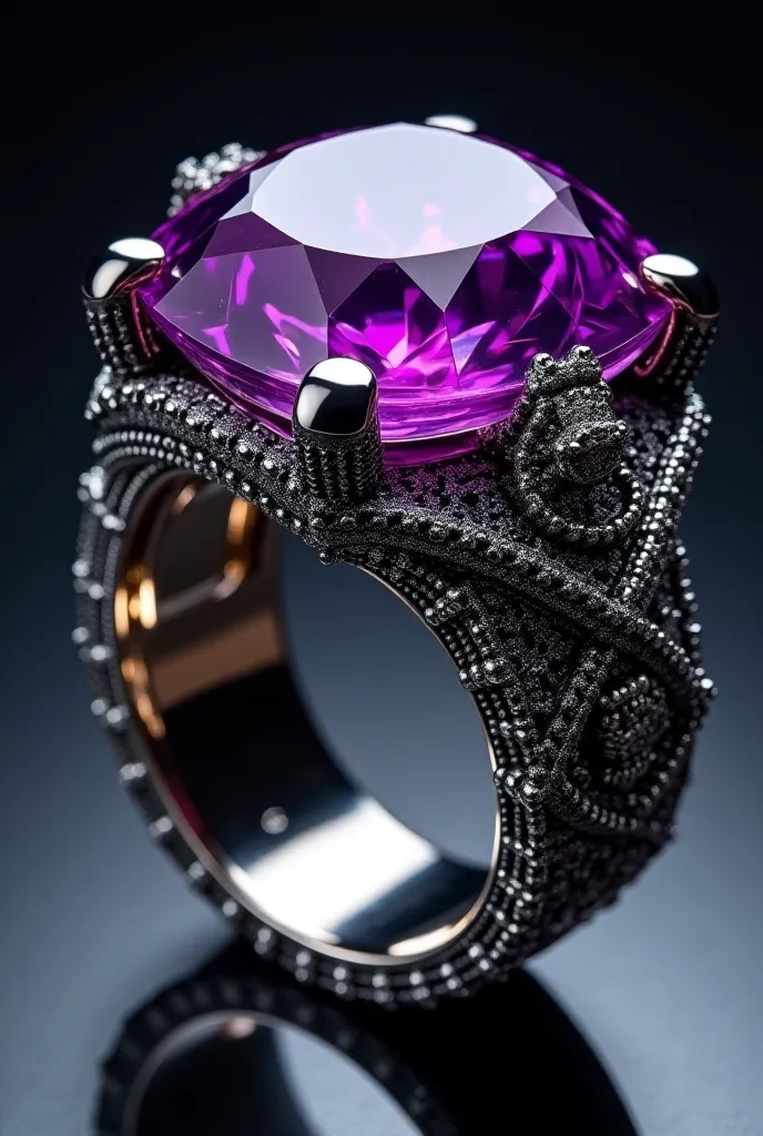 A luxurious black silver ring with a large 1000 carat purple diamond