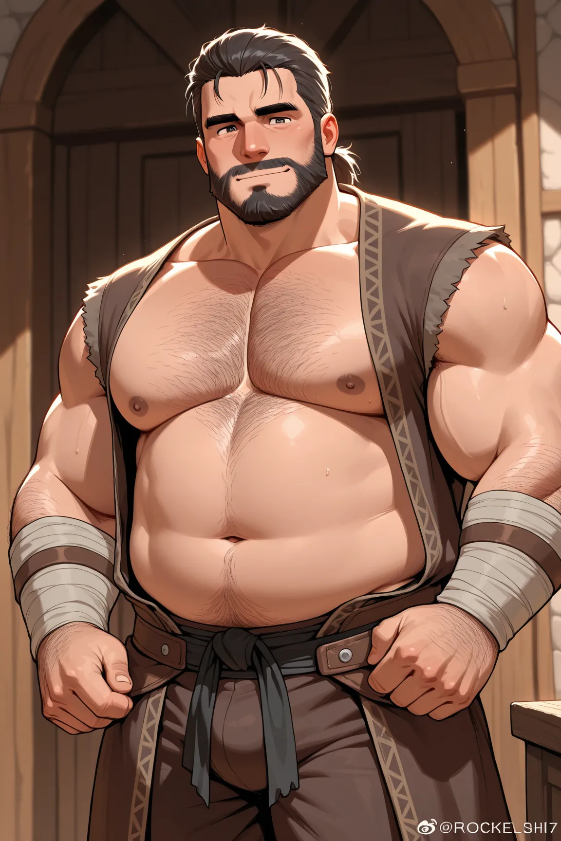 1man, solo, Masterpiece, mature daddy, chubby, hairy chest, Adventurer Clothes 