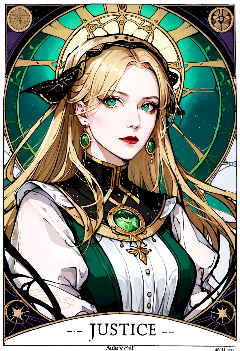 (absurdres, highres, ultra detailed), 1 Female, Blonde hair, Green eyes, Looking at the camera, Audrey Hall, LOTM, Finely detailed eyes and detailed face, Justice \tarot\, Symbolism, Visual art, Occult, Universal, Vision casting, Philosophical, Iconography...