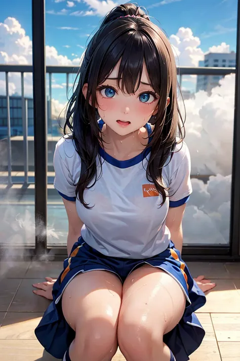  8k resolution,((top quality)),super high resolution, Adult Female, alone,  sexy, (steam clouds drift), ( cyan eyes ), beautiful symmetrical face, (orange medium ponytail),white gym clothes, dark blue bloomers on the side,high socks,realistic:1.4,realistic...