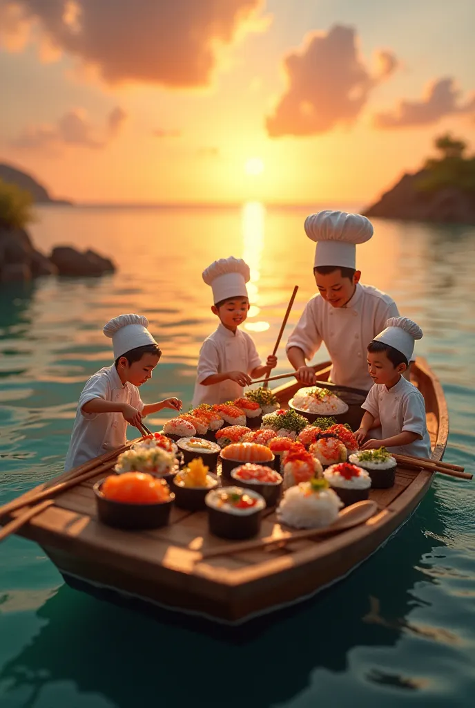 

1. "Tiny gourmet chefs preparing a giant sushi feast on a floating wooden boat, using oversized fish and seaweed, with a beautiful ocean sunset in the background


