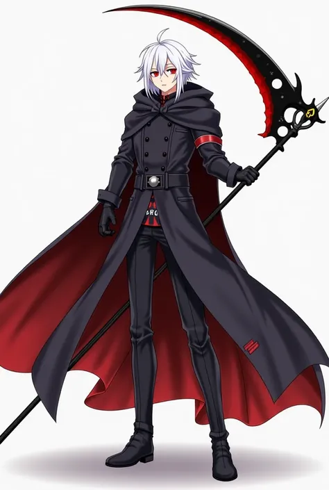 Anime character gender:male hair:long hair color: white he wears a black cloak over his clothes with a black scythe with a blood red blade he wears black boots and a trench coat with slight red markings on it eye color:red