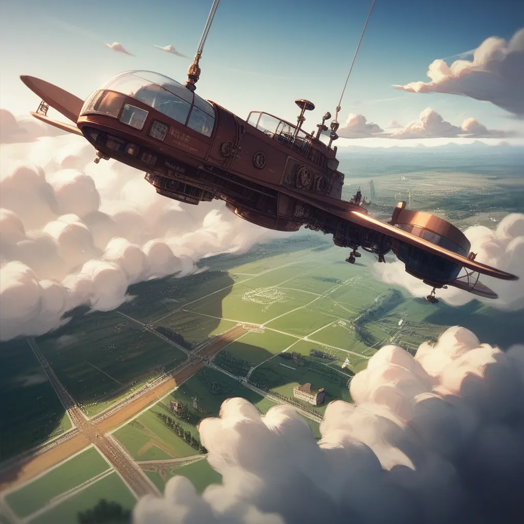 Sky, Above the Clouds, ((Flying City)), rectangular plate-shaped flying object, large drone, Large propeller with vertical orientation in all directions, Housing, field, Ranch, Steampunk, Japanese anime style