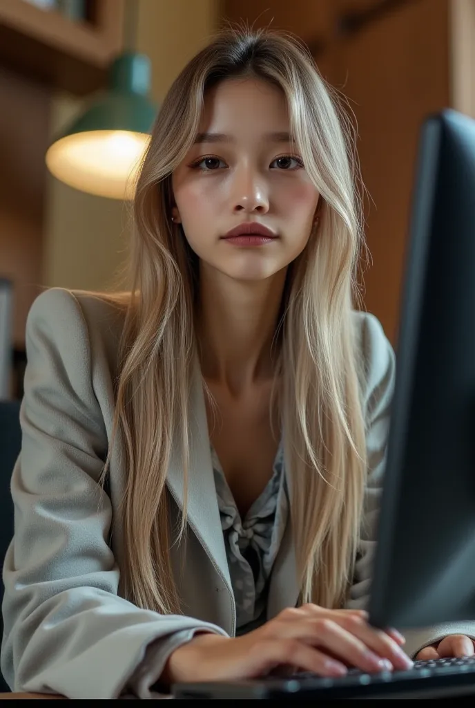 a beautiful girl with long blonde hair, detailed eyes, nose, and lips, wearing  professional outfit, siting in her office, using her computer, hp comuter (best quality,4k,8k,highres,masterpiece:1.2),ultra-detailed,(realistic,photorealistic,photo-realistic:...