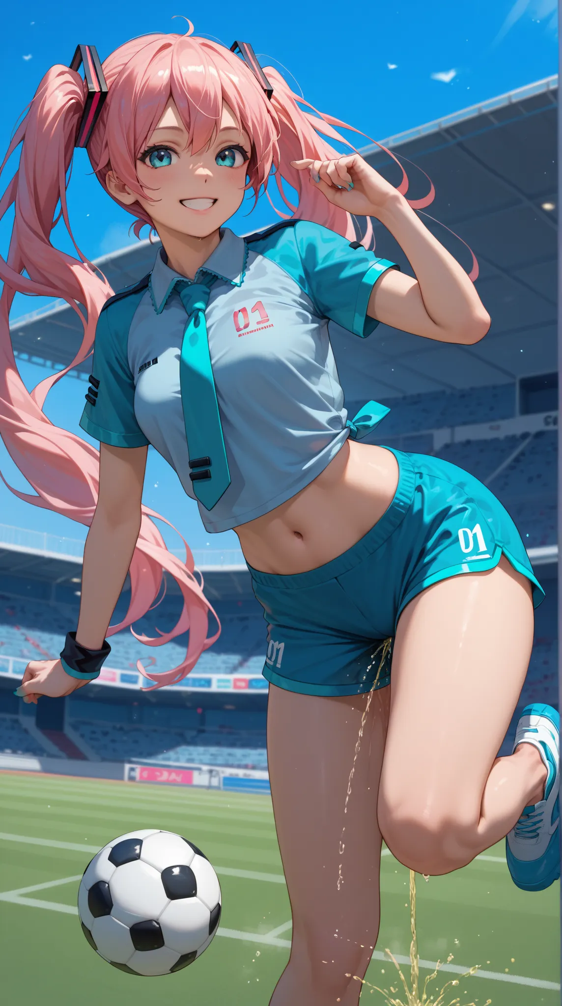 Hatsune Miku,dark pink short sleeve uniform,Navy blue shorts, sports, soccer,smile,belly button sticking,raise one leg from behind peeing