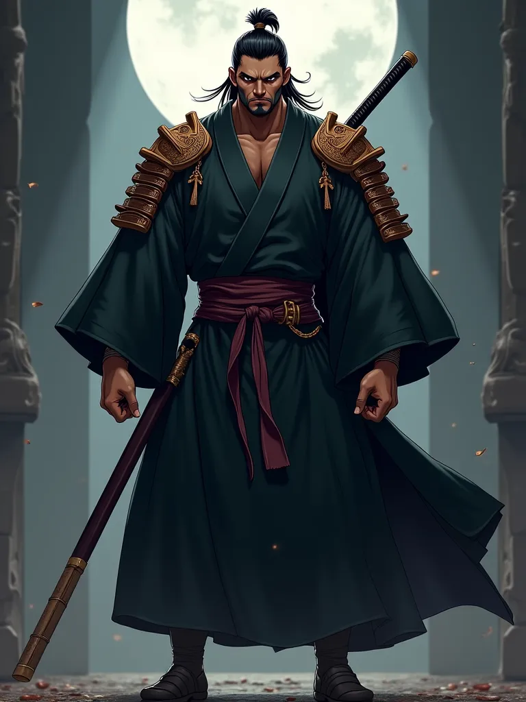 anime style,Tall and athletic man , brown skin, creepy black hair tied, Wide Face, Shihakusho preto, brown samurai armbands and shoulder pads,A thick and colossal katanaa