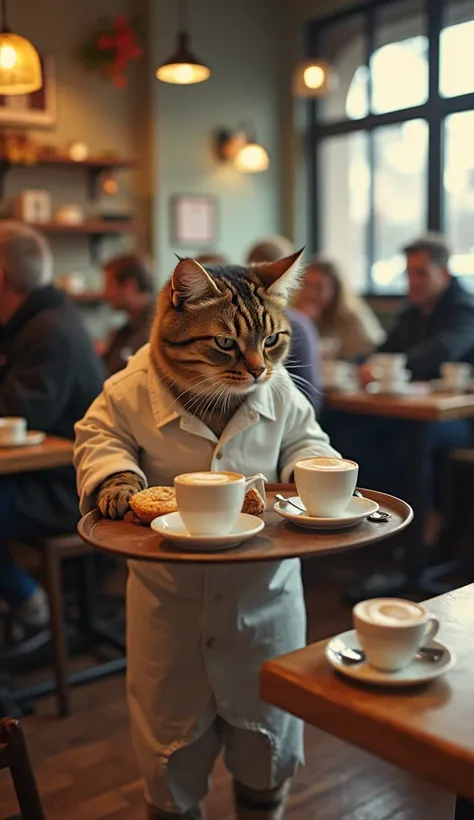 Inside a busy café, the poor cat, still in its torn white shirt, carries a tray with cups of coffee and pastries, carefully balancing them while weaving through tables. Customers are engaged in conversations, and the smell of freshly brewed coffee fills th...