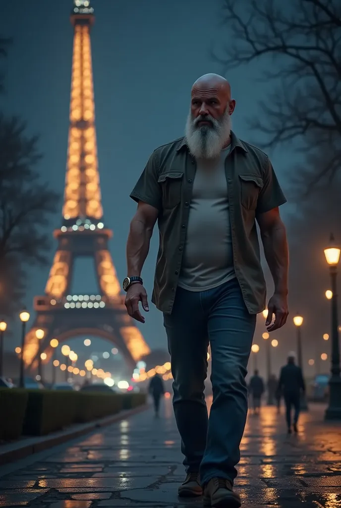 Complete, 54 year-old badass man, complete bald, long white well-groomed beard, jeans and T-shirt, walk in front of the Eifel tower, dark, stars