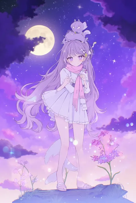 a portrait of a beautiful and slim anime girl with long grey mixed with purple hair, there is a small and grey and cute crerature on her head, it has no legs or hands with its big white eyes and black pupils. She wears white t-shirt with white slippers and...