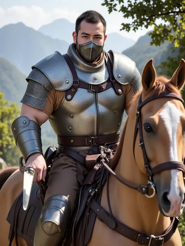 Extremely detailed, masterpiece, best quality, high resolution, dynamic angles, various angles, Western medieval fantasy style, male warrior in metal-reinforced body armor riding a horse and wielding a large sword, mouth covered by a metal mask-like armor.