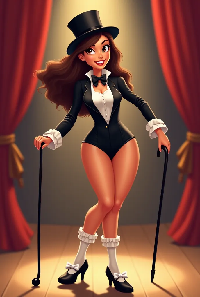 Cartoon Mexican American woman in her 20s, brunette color, in a black tuxedo jacket leotard, white button shirt under her black tuxedo jacket, white ruffled socks, and black Mary Jane tap shoes,, tap dancing on stage, cartoon sexy, white bow on the front p...