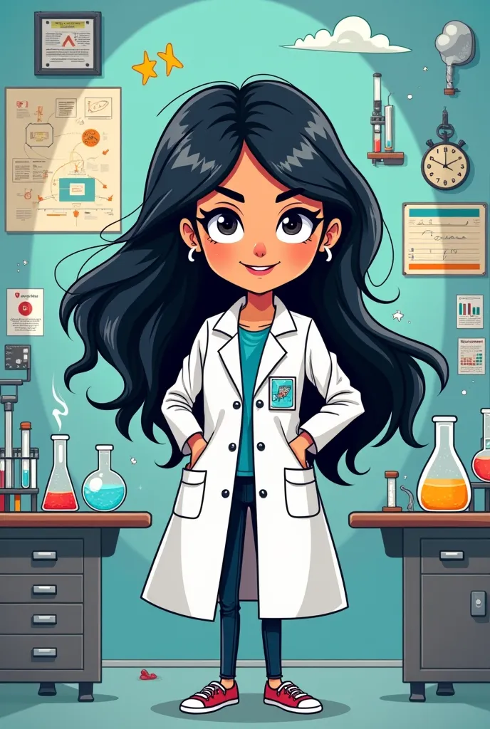 Make me a cartoon of a bacteriologist in a lab coat with long black hair and who likes rock