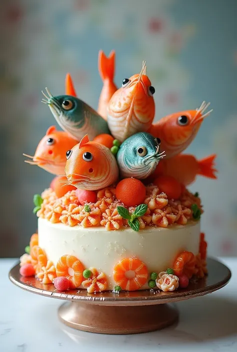 A prawn-flavoured cake with fish heads as decorations on top and crab sticks as the filling