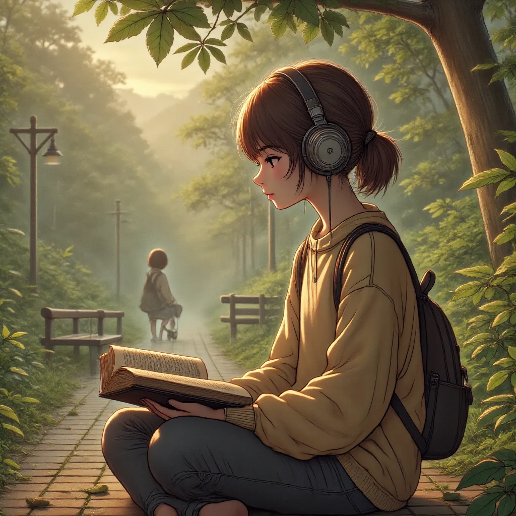 Girl wearing headphone studying bible in the cozy park at evening, surrounded by warm and cool feeling for reflection, Lofi Style