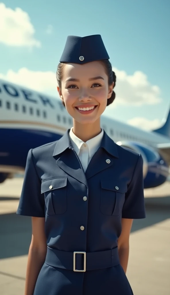 Beautiful stewardess, Wear a navy blue uniform, behind it is a Boeing 737 aircraft, the sky is clear, Are there some clouds, the weather is nice, The image is of good quality, real photo,  vintage style