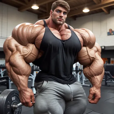 a very handsome man, big eyes, muscular, very muscular, defined chest, arms and biceps, wearing a black tank top with gray pants, standing sideways(half sideways) in a gym, seen close up, exaggeratedly muscular, exaggeratedly huge muscles, exaggeratedly hu...