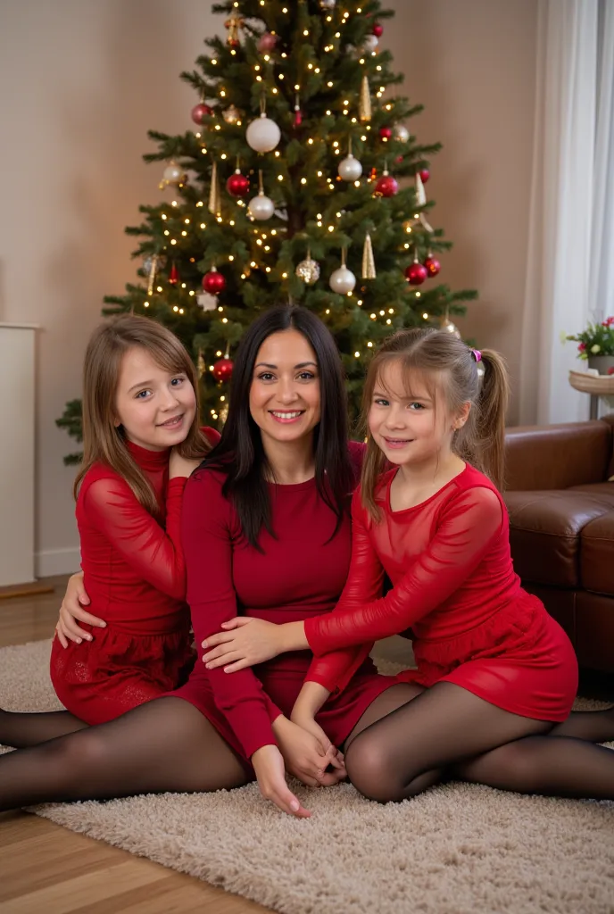 Photo Heic de la mère et ses trois jeunes filles brunes de 10 ans, posant dans le salon devant le sapin de Noël. Filles portant minijupe rouge transparent moulant, collants noirs transparents, robe rouge transparente. les filles font le grand-écart au sol ...