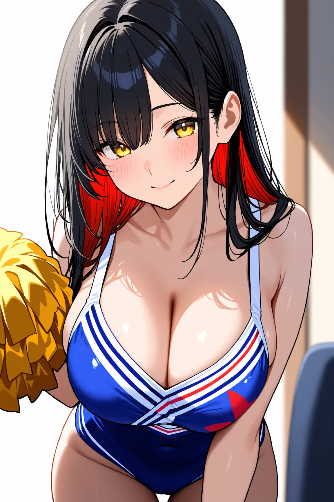 1woman,black hair,long hair on shoulder,red inner hair, best quality,high resolution,yellow eyes,large breasts,cheerleader