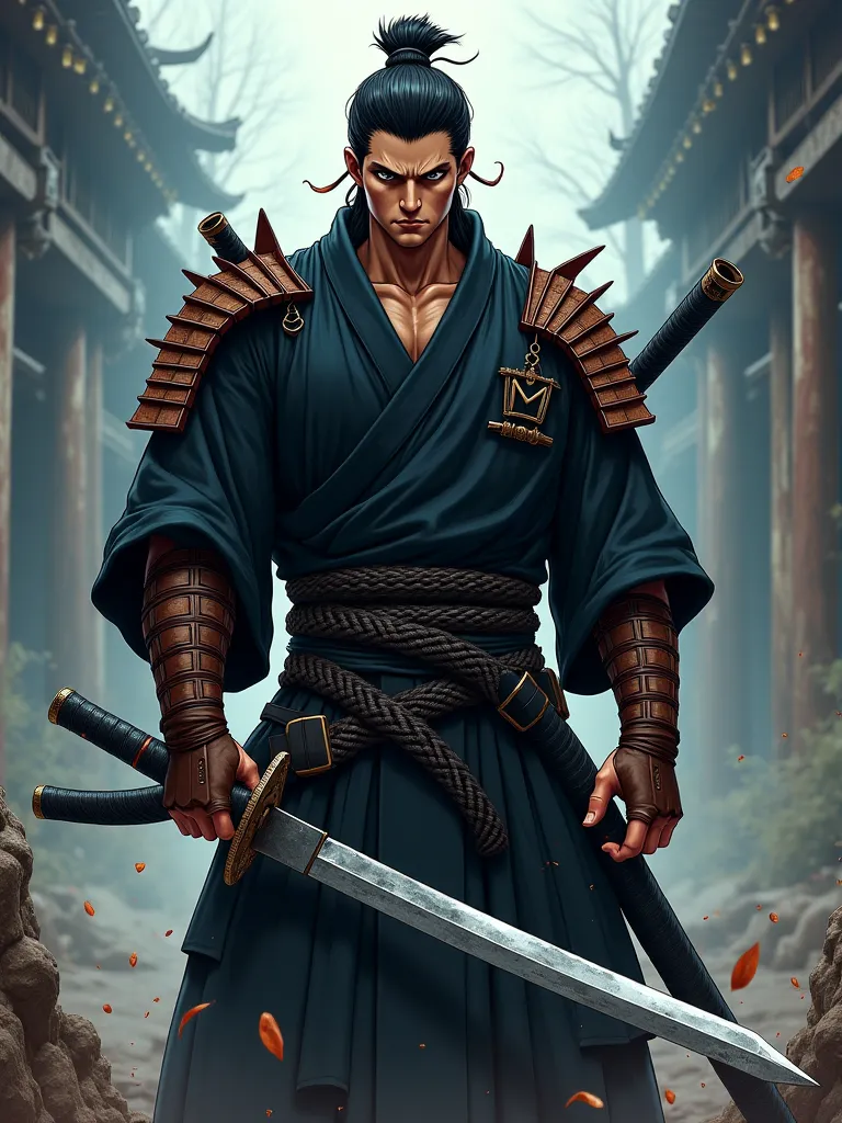 anime style, Tall and athletic man , brown skin, creepy black hair tied, Wide Face, Shihakusho preto, brown samurai gloves and shoulder pads,A thick and colossal katanaa