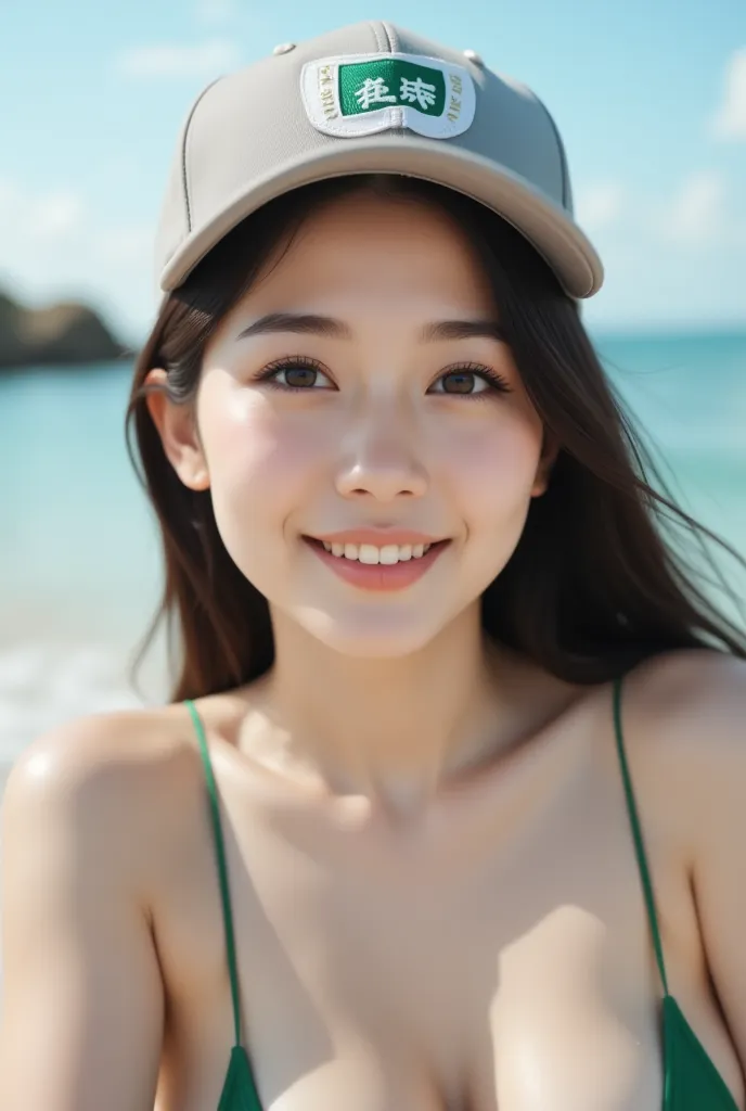 32k, Masterpiece, Top Quality, (Beautiful Korean Woman) Close-up, beach, (( green bikini )), athletic wear, logo, baseball cap, black hair, calm water, coastline, land, sand, light colored, posing, stylish.