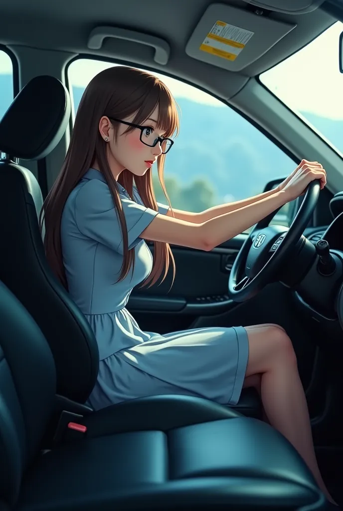 Ann, an 18-year-old girl in a blue, long-haired, white-skinned schoolgirl, wearing glasses with a full stream of sweat, sat on a sleek black leather seat in the driver's position, big breasts in a dress holding the steering wheel, while Uncle Chan sat diml...