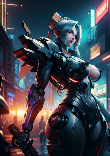   masterpiece，（  best quality ）, deep dark space background，dark chocolate tattoo night elf，bionic cyberpunk power transformation mechanical paint dark chocolate shaped carapace tits，Sexy Liu Yifei's heavy aristocrat Guardian mecha，Silver wool single ponyt...