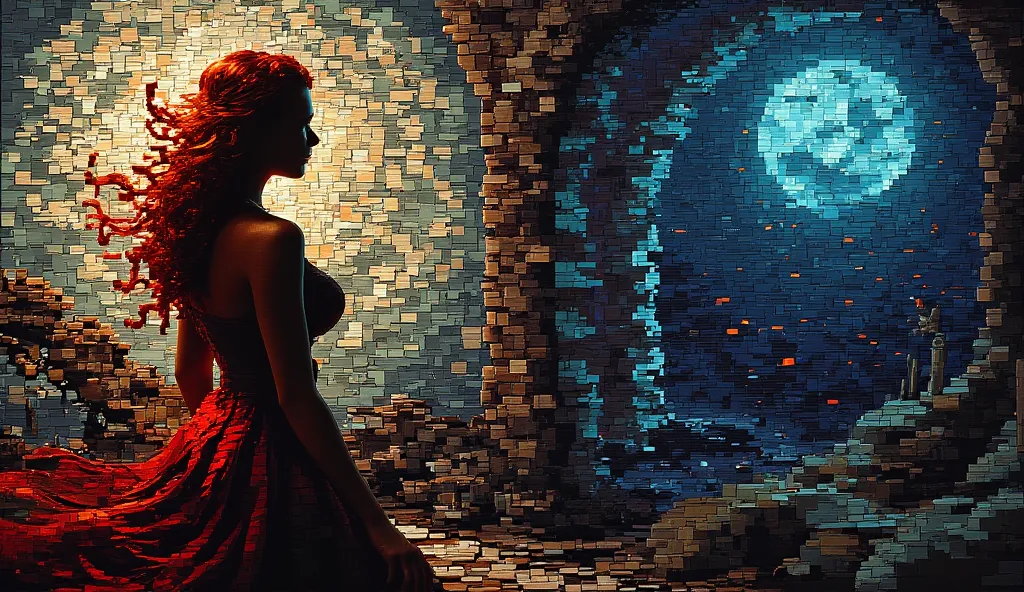 the mosaic panel consists of rectangular horizontal sticks of different dark fantasy colors, on the left side of the picture, the picture depicts the dark silhouette of a very beautiful witch with red flowing hair and large breasts, and in the upper right ...