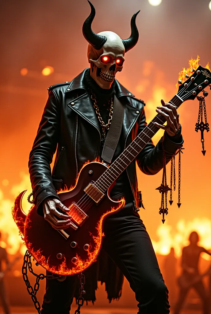 A skeleton rocker with devil horns, wearing a spiked leather jacket, gripping a flaming electric guitar shaped like a battle axe. His eyes glow hellfire red, and chains & gothic crosses dangle from his body. The background is a burning concert stage with s...