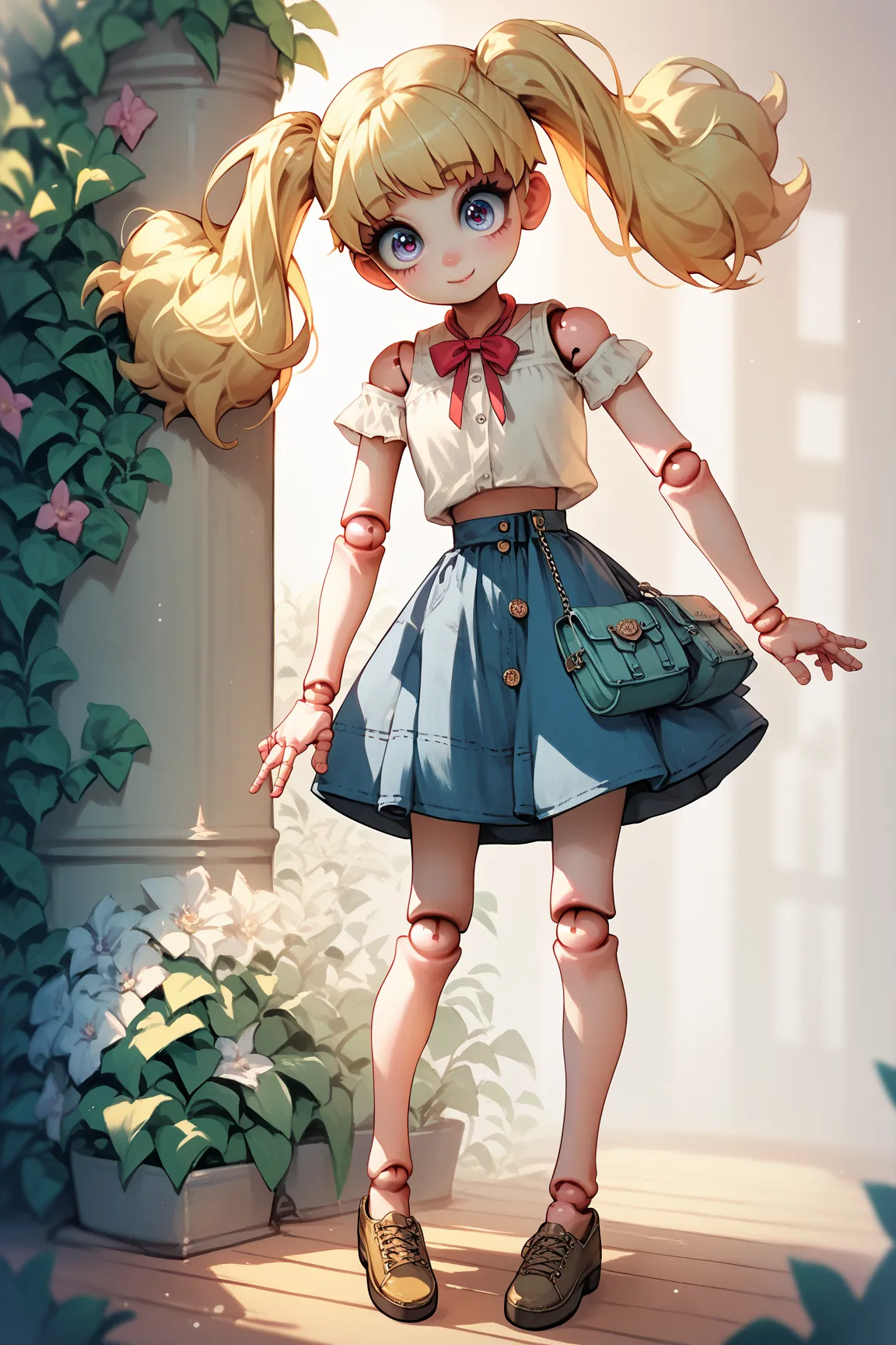 full body, anime style, small girl, pale skin, big eyes, blonde hair, (((twintails))), cute face, casual clothing, skirt, ((doll joints))