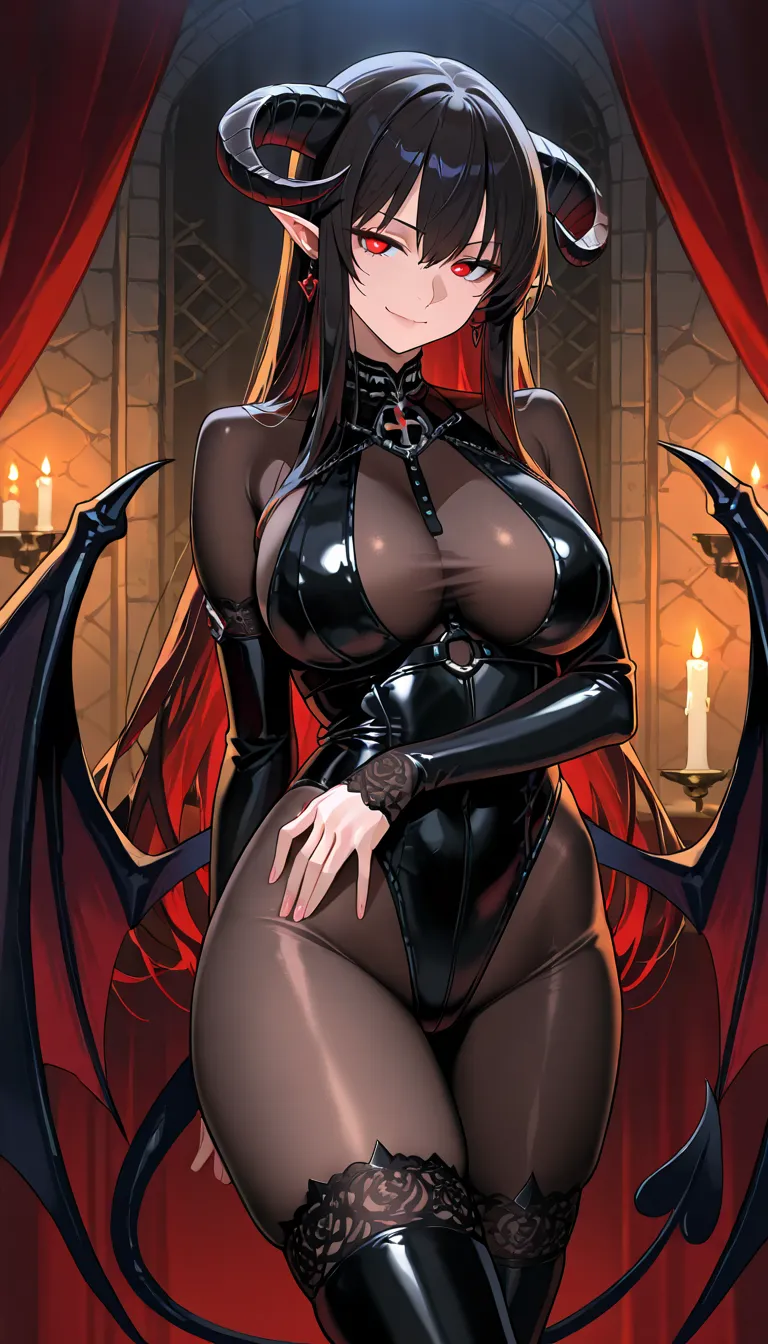 **"A breathtakingly alluring succubus stands in the center of a dimly lit chamber, bathed in the soft glow of flickering candlelight. Her curvy, hourglass figure is accentuated by a tight, barely-there black leather bodysuit with intricate crimson embroide...