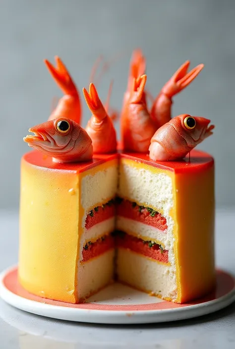 A PRAWN-FLAVOURED CAKE with FISH HEADS as decorations on top. The cake is cut open a little bitto see that there are CRAB STICKS AS FILLING