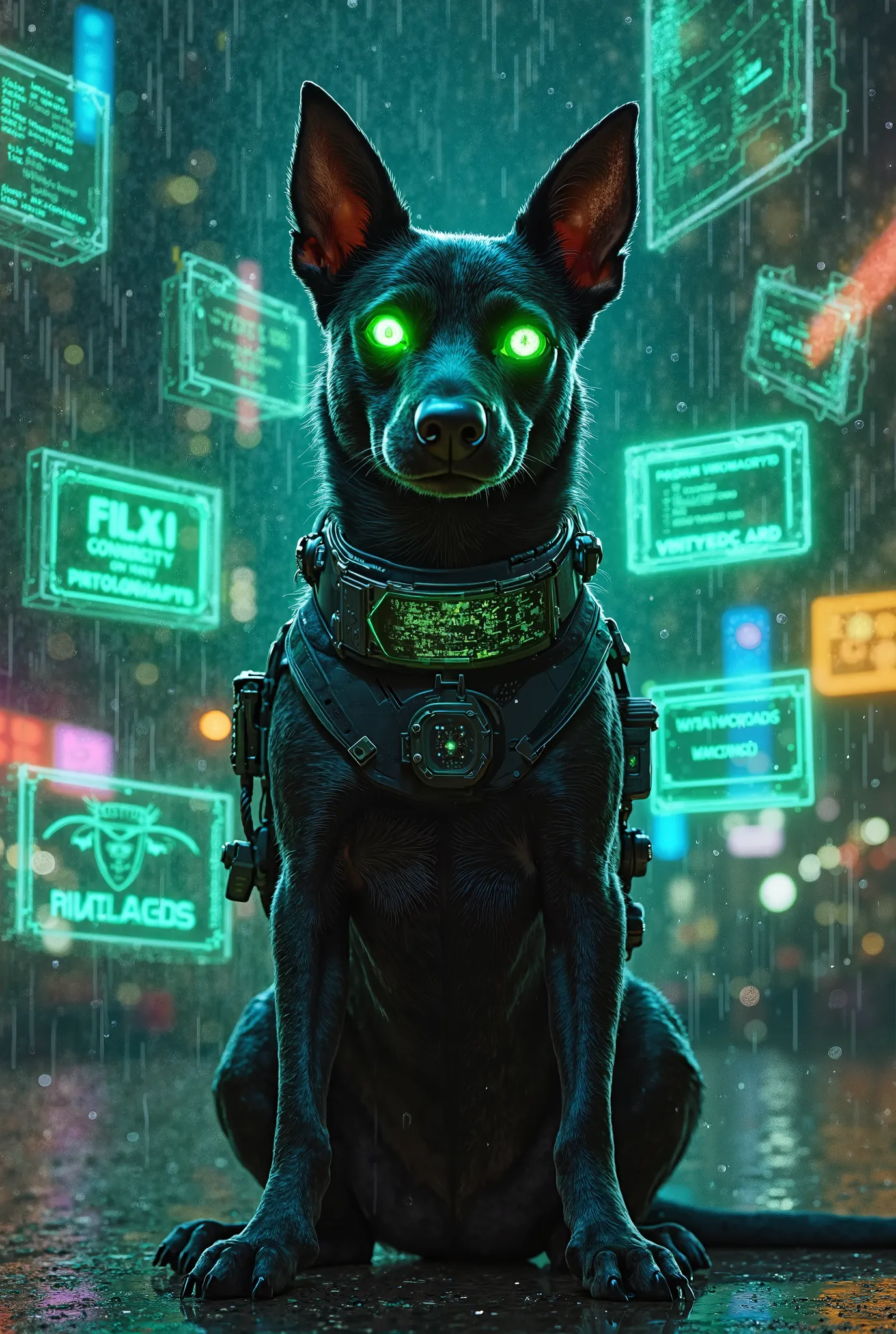 Description of Venom Dogg:**
- **Appearance:** A sleek, cyberpunk-style dog with glowing neon green eyes (like a hacker's screen). Its fur is dark with subtle circuit-like patterns that glow faintly in the dark.
- **Accessories:** Wearing a high-tech colla...