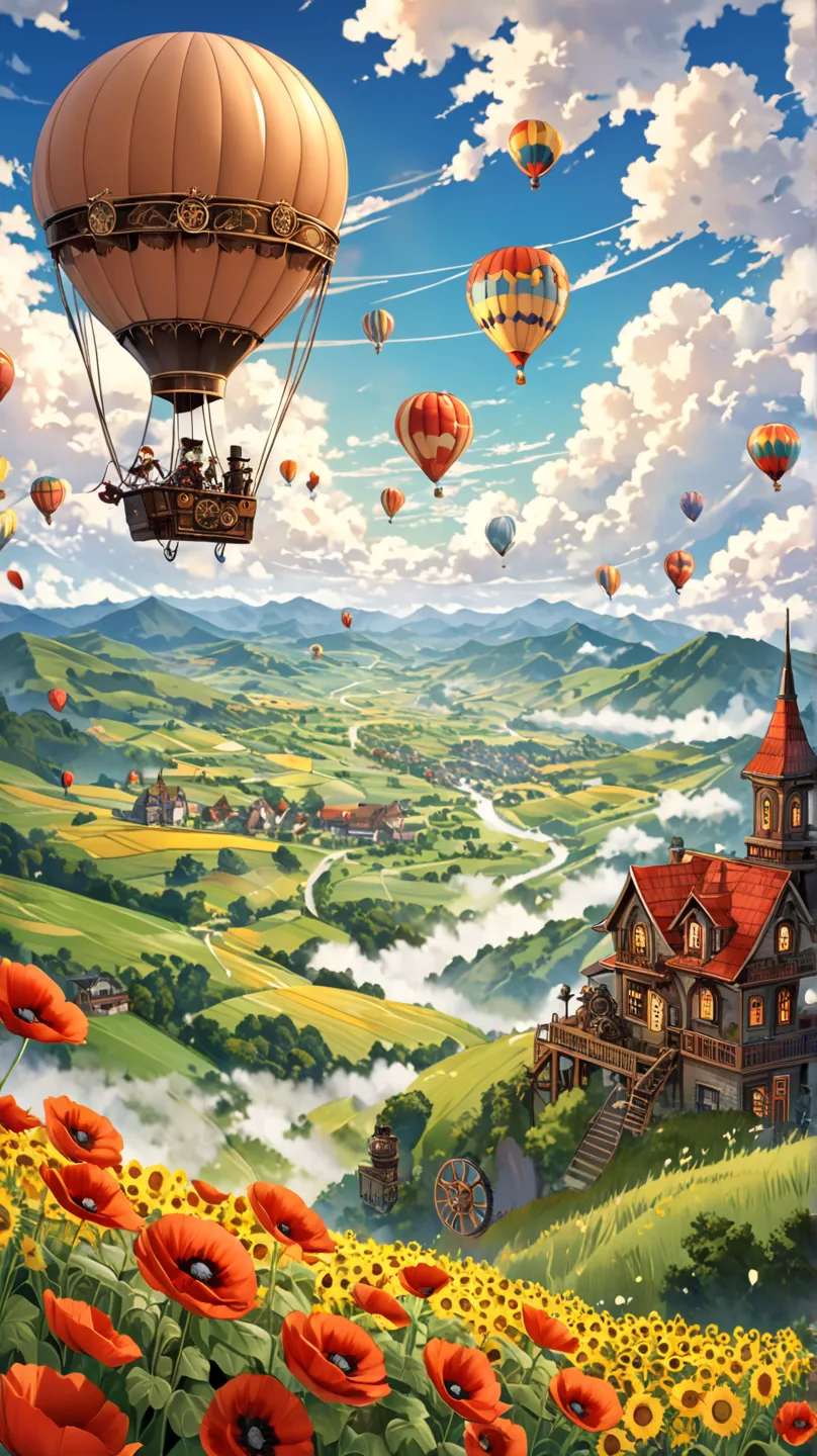 A vintage-style hot air balloon floats in a fantastic rural sky。 in the background 、,。balloon has a rich orange color with、Exquisitely detailed, the、soft, fluffy clouds float in the sky。The、beautifully blends nature and mechanical elements、mechanical eleme...