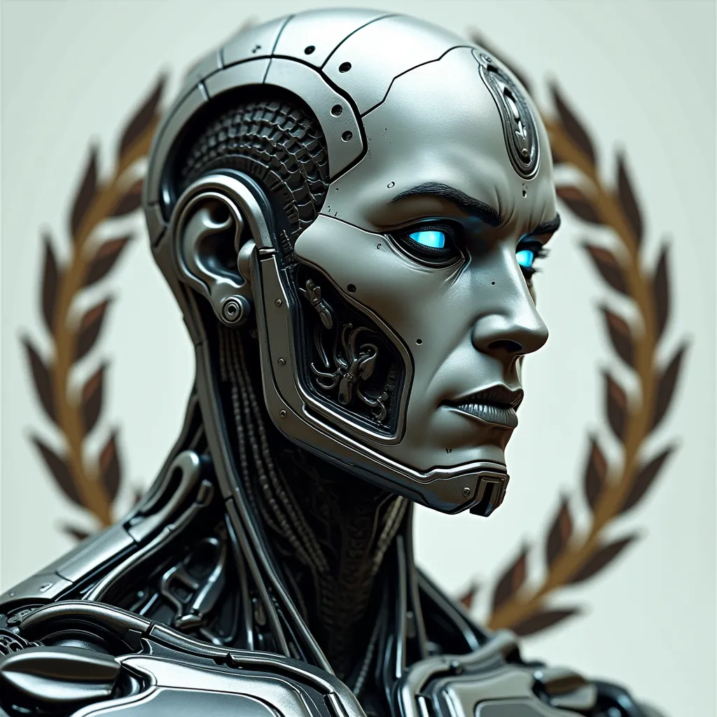 The head of a cyborg male similar to an ancient Greek made of shiny and metal, similar to a terminator, with glowing eyes and a Greek wreath