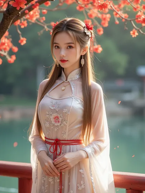 1 girl,Precise、perfect face shape:1.3,beautiful five fingers, small breasts,Small eyes,chinese clothes, Hanfu, reverse exchange,(Siamese Style Translucent Latex Dress)，(On clothes，There's a pearl ),(Sparkling Golden Long Hair Princess Aged 19 Tall 170 Prop...