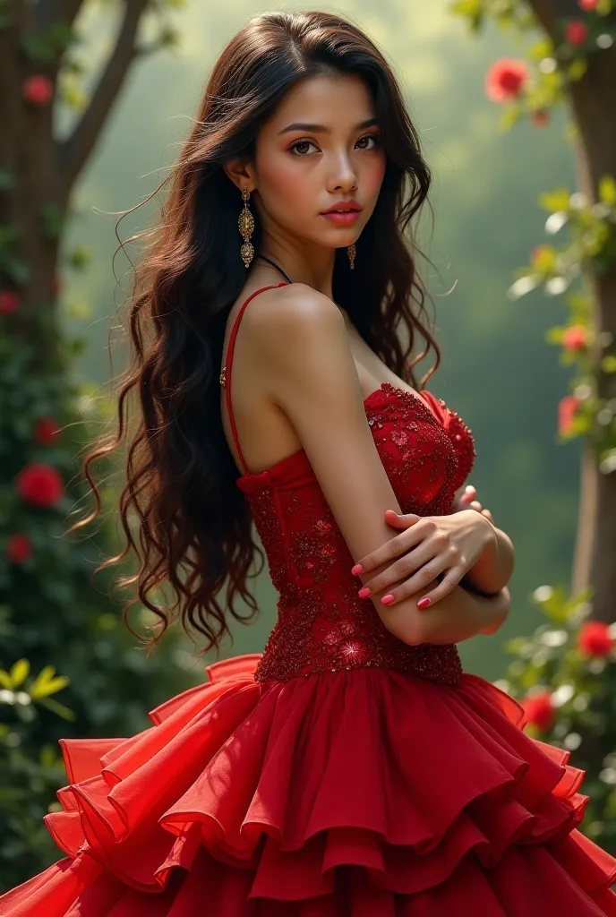 Young white-skinned girl with long dark brown hair, brown eyes and good curves, wearing a red princess dress with rebellious details 