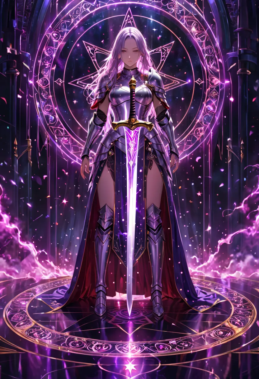 (best quality, masterpiece:1.2), ultra-detailed, glowing purple sword, ancient glowing symbols on the blade, a girl wearing armor, kneeling under the sword, long flowing hair, silver armor, black and red electric arc hexagram magic circle background, magic...