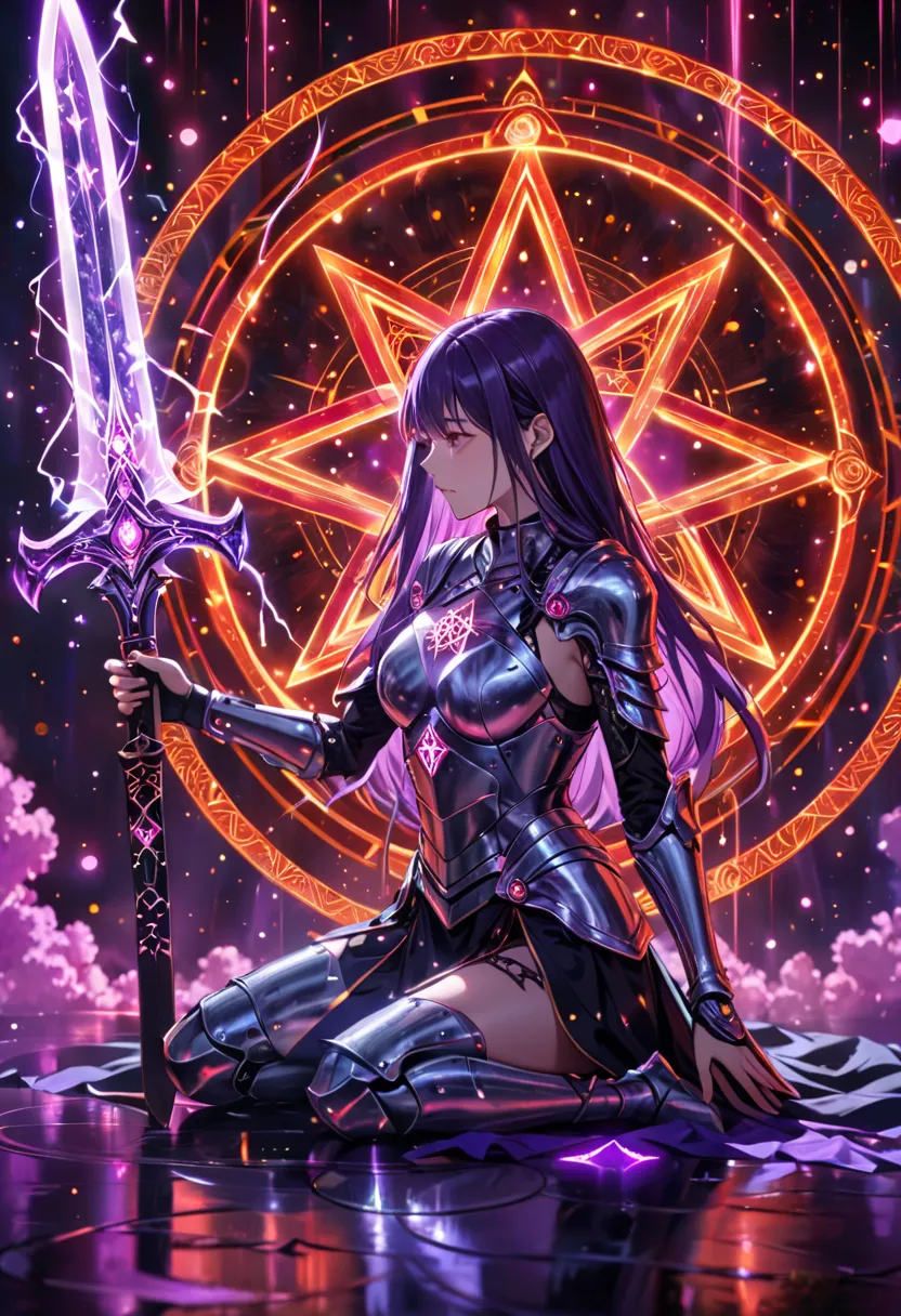 (best quality, masterpiece:1.2), ultra-detailed, glowing purple sword, ancient glowing symbols on the blade, a girl wearing armor, kneeling under the sword, long flowing hair, silver armor, black and red electric arc hexagram magic circle background, magic...