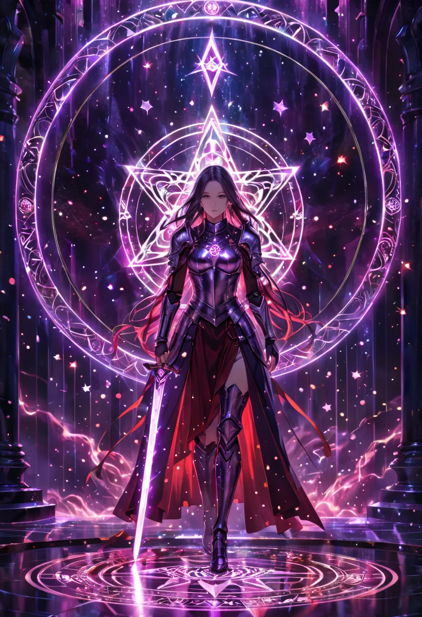 (best quality, masterpiece:1.2), ultra-detailed, glowing purple sword, ancient glowing symbols on the blade, a girl wearing armor, kneeling under the sword, long flowing hair, silver armor, black and red electric arc hexagram magic circle background, magic...