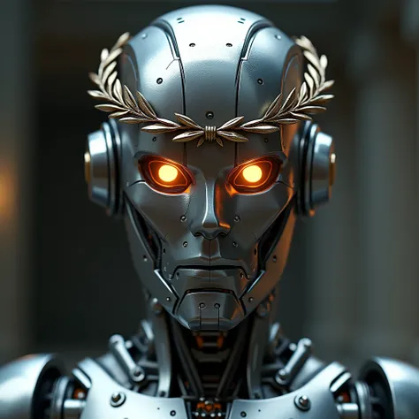 The head of a robot similar to an ancient Greek made of shiny and metal, similar to a terminator, with glowing eyes and a Greek wreath on his head