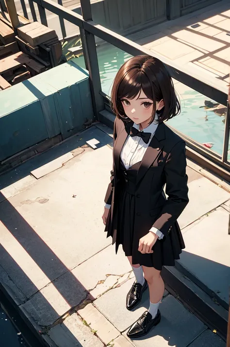 ((best quality)), ((masterpiece)), (detailed), 1girl, asian young woman, short bangs, brown hair, brown asian eyes, feminine, bowtie, black tuxedo jacket, black dress skirt, short white socks, fancy black shoe,, bird eye view, view from above