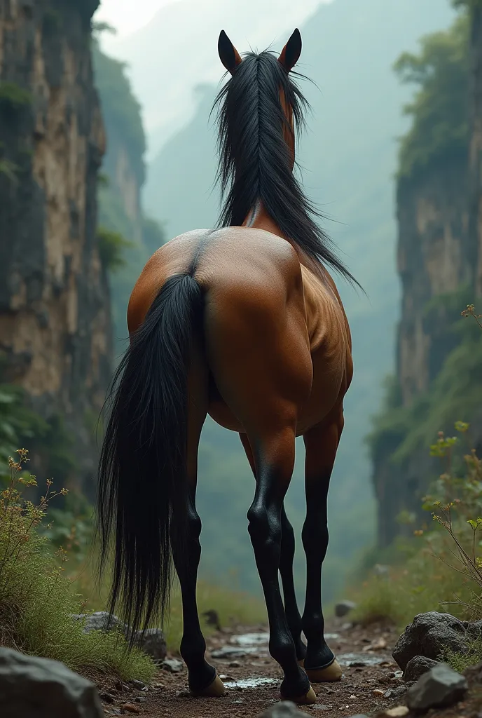 
feral mare in hear presents her rump, view from behind, tail up, genetalia visible